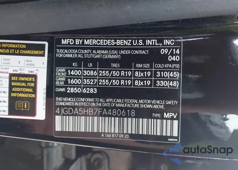 2015 Mercedes-Benz Ml 350 4Matic from USA, damaged, VIN 4JGDA5HB7FA480618